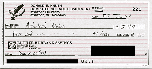 A check from Don Knuth for $5.44 dated 27 Jan 2007
