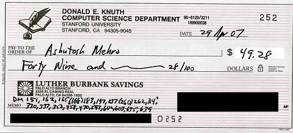 A check from Don Knuth for $49.28 dated 29 Apr 2007