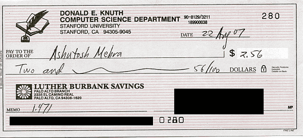 A check from Don Knuth for $2.56 dated 22 Aug 2007