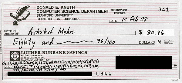 A check from Don Knuth for $80.96 dated 10 Feb 2008