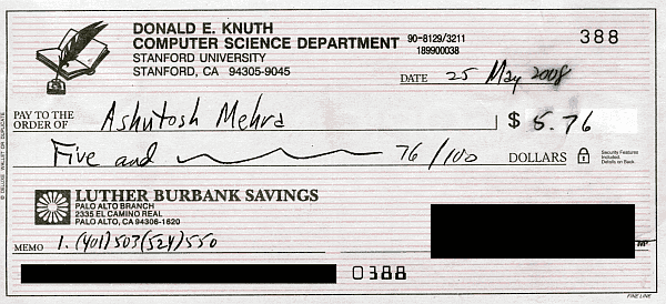 A check from Don Knuth for $5.76 dated 25 May 2008