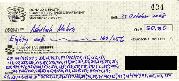 A check from Don Knuth for 0x$50.A0 dated 29 Oct 2008