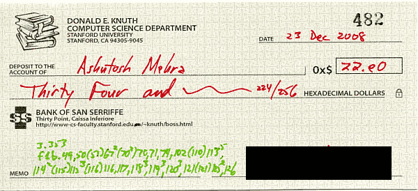 A check from Don Knuth for 0x$22.E0 dated 23 Dec 2008