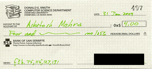 A check from Don Knuth for 0x$4.00 dated 31 Jan 2009