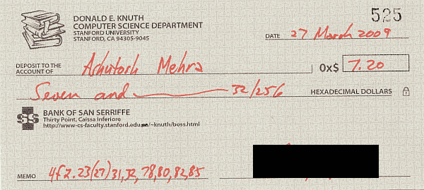 A check from Don Knuth for 0x$7.20 dated 27 Mar 2009