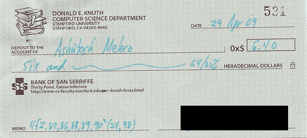 A check from Don Knuth for 0x$6.40 dated 29 Apr 2009