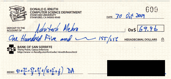 A check from Don Knuth for 0x$69.96 dated 30 Oct 2009