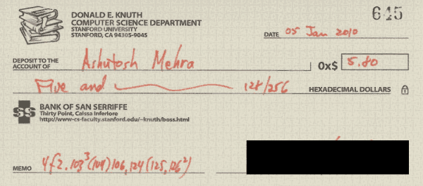 A check from Don Knuth for 0x$5.80 dated 05 Jan 2010