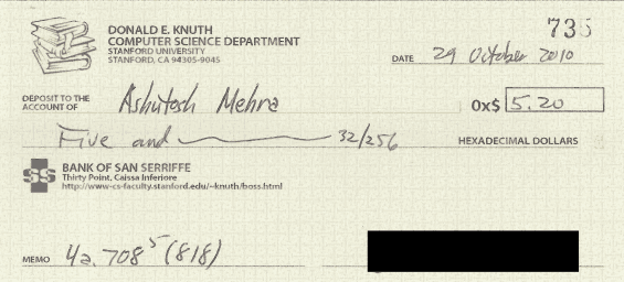 A check from Don Knuth for 0x$5.20 dated 29 Oct 2010