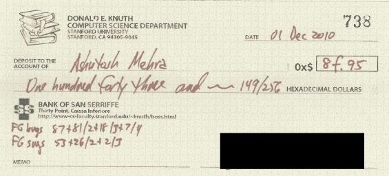 A check from Don Knuth for 0x$8F.95 dated 01 Dec 2010