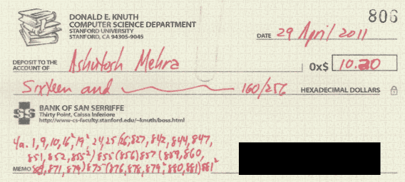 A check from Don Knuth for 0x$10.A0 dated 29 Apr 2011