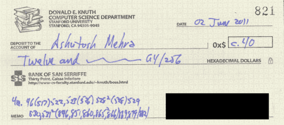 A check from Don Knuth for 0x$C.40 dated 02 Jun 2011