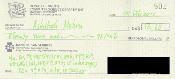 A check from Don Knuth for 0x$16.60 dated 04 Feb 2012
